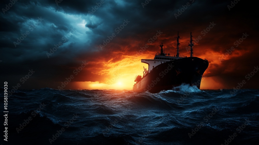 Fototapeta premium A cargo ship sails through a stormy sea at sunset.