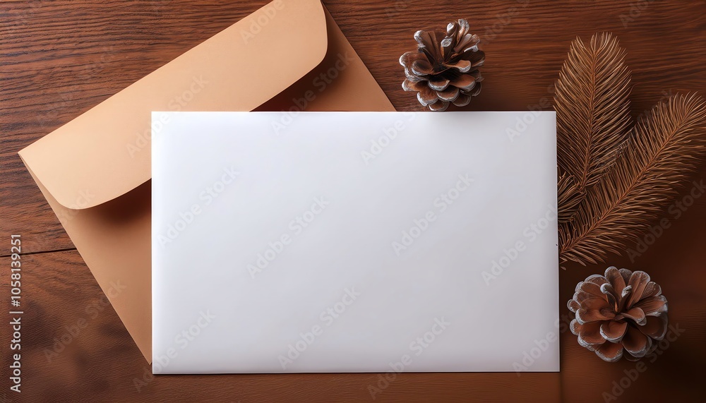 A minimalist scene featuring a blank white envelope, an open brown envelope, pinecones, and natural decor on a wooden surface. A minimalist scene featuring a blank white envelope, an open brown envelope, pinecones, and natural decor on a wooden surface.