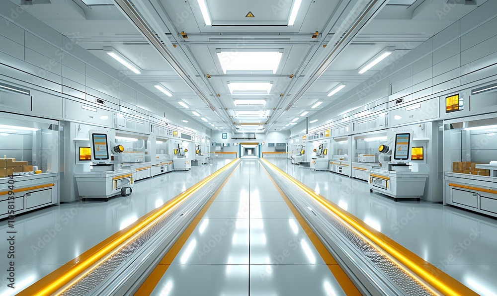 A futuristic, spacious interior with sleek white surfaces, ambient lighting, and illuminated pathways, resembling a high-tech laboratory or workspace. A futuristic, spacious interior with sleek white surfaces, ambient lighting, and illuminated pathways, resembling a high-tech laboratory or workspace.