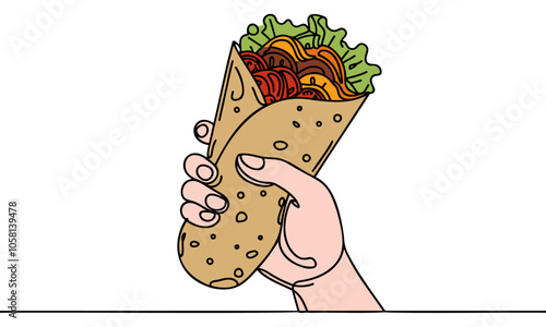 One single line drawing of Mexican burritos, Greek shawarma, shawarma or gyro. Street fast food concept. Modern continuous line draw design logo for cafe. Vector illustration