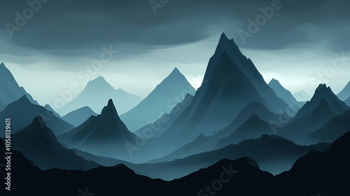 Wallpaper Mural A dramatic landscape with dark mountains and a hazy sky. Foggy Mountains. Illustration Torontodigital.ca