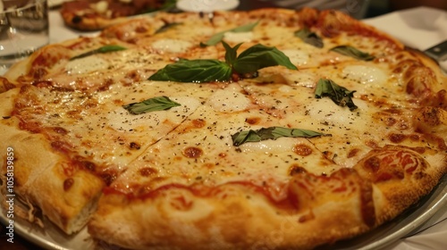 Four-cheese pizza garnished with basil.