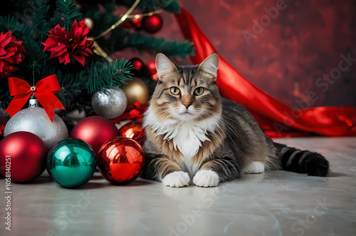 Beautiful Cat Posing with Christmas Decorations