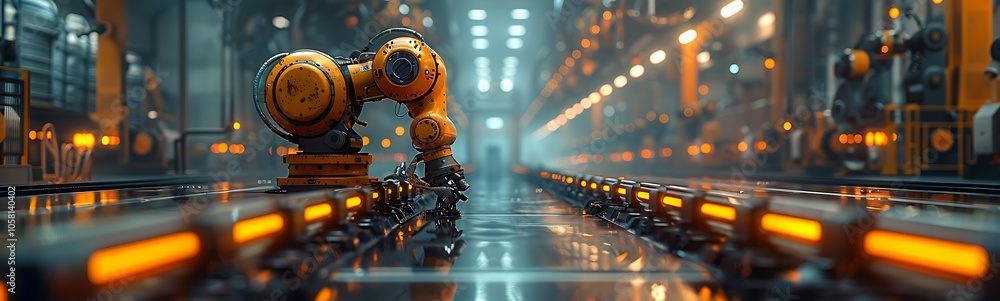 Fototapeta premium A robotic arm operates in a high-tech industrial setting, illuminated by orange lights, showcasing automation and innovation in manufacturing.