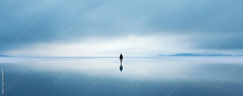 Minimalist landscape of a lone figure on a salt flat, highlighting the beauty of isolation and vast open spaces. Minimalist landscape of a lone figure on a salt flat, highlighting the beauty of isolation and vast open spaces.