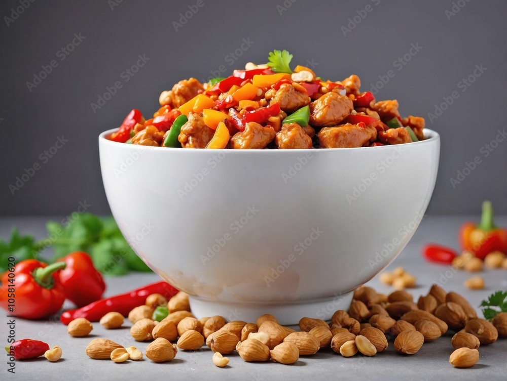 Kung Pao Chicken in White Bowl with Peanuts and Vegetables on Light Background Kung Pao Chicken in White Bowl with Peanuts and Vegetables on Light Background