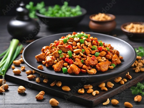 Kung Pao Chicken on Black Plate with Simple Garnish on Wooden Surface photo