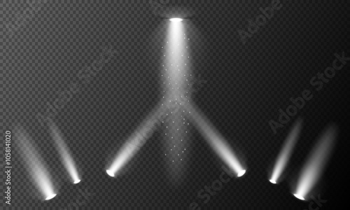 Illumination backlight effects 3d realistic vector illustration. Glowing stage lanterns design. Lamps light on transparent back ground