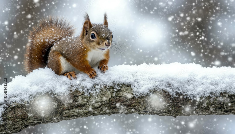 Squirrel on Tree Trunk in Winter Snow Scene Squirrel on Tree Trunk in Winter Snow Scene