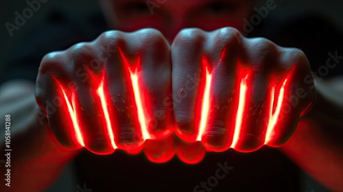 Fists illuminated with red light, showcasing glowing effects and intense focus.