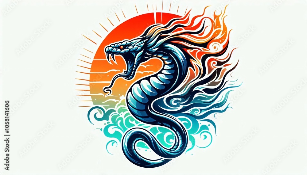 Fiery Snake Tattoo Design with Sun and Clouds Illustration Fiery Snake Tattoo Design with Sun and Clouds Illustration