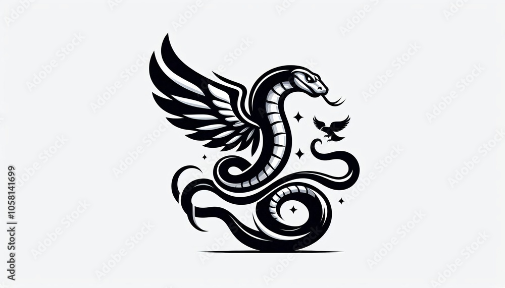 Flying Snake with Wings Mystical Creature Fantasy Animal Black and White Illustration Flying Snake with Wings Mystical Creature Fantasy Animal Black and White Illustration
