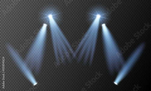 Illumination backlight effects 3d realistic vector illustration. Glowing stage lanterns design. Lamps light on transparent back ground