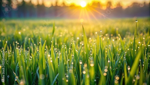 A Field of Verdant Grass Glistens with Morning Dew, Illuminated by the Warm Glow of the Rising Sun