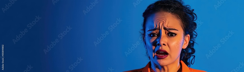 Woman experiencing fear, blue lighting, emotional expression. Woman experiencing fear, blue lighting, emotional expression.