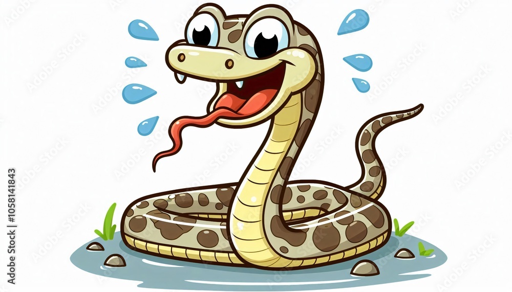 Cartoon Snake Smiling in Pond with Water Droplets Cartoon Snake Smiling in Pond with Water Droplets