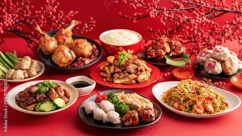 Delicious Asian feast displayed with festive decor and vibrant colors