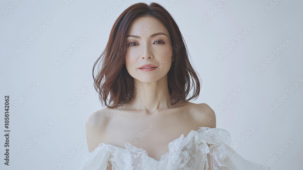 A cheerful Japanese woman, 3, shines in a white dress against a plain backdrop, showcasing her medium brown hair. A cheerful Japanese woman, 3, shines in a white dress against a plain backdrop, showcasing her medium brown hair.