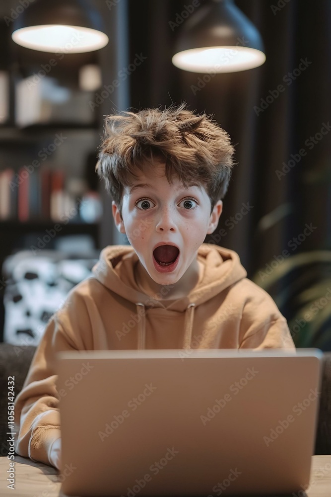 Shocked and surprised boy on the internet with laptop computer. Shocked and surprised boy on the internet with laptop computer.