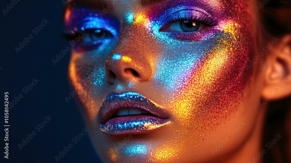 Experience the allure of high fashion with a stunning model glowing in vibrant neon lights and striking metallic lips. Experience the allure of high fashion with a stunning model glowing in vibrant neon lights and striking metallic lips.