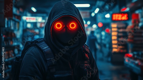 A shadowy figure looms in a bustling night market, eyes glowing red, symbolizing the fight against retail theft and street crime.