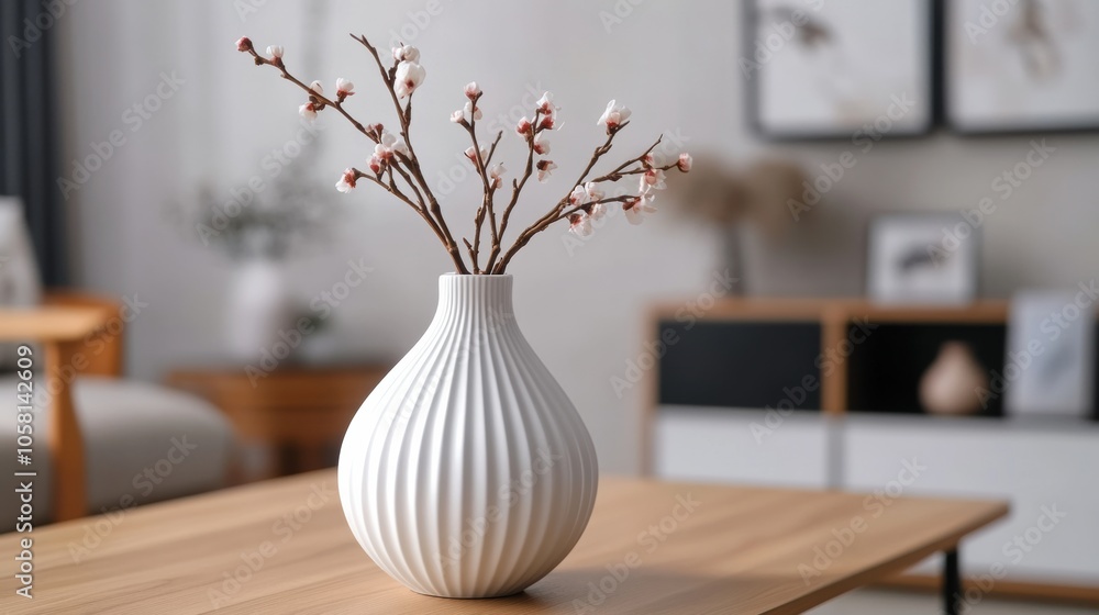 Elegant white vase with delicate branches in a cozy living room Elegant white vase with delicate branches in a cozy living room