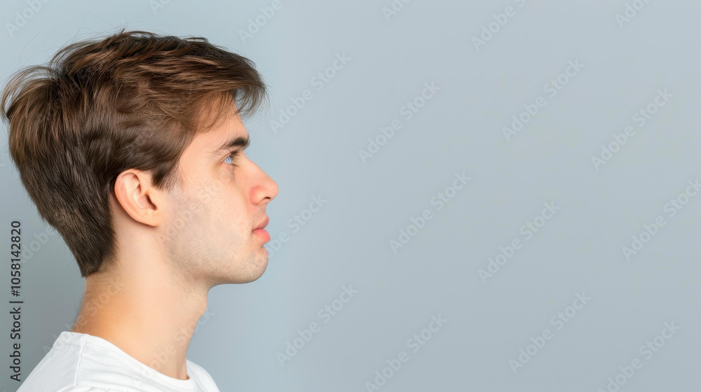 Fototapeta premium A young man with vitiligo beams joyfully on a gray backdrop, showcasing his unique beauty with a sideprofile portrait.