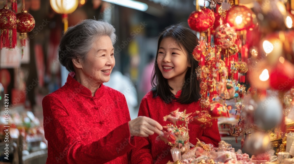 A grandmother and granddaughter enjoy a festive market in red attire A grandmother and granddaughter enjoy a festive market in red attire