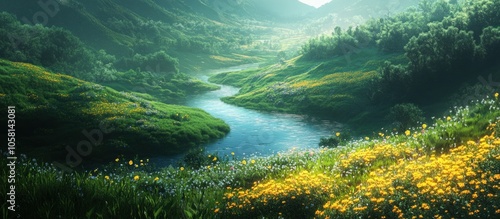 Serene river winding through a lush green valley with blooming yellow wildflowers in the foreground.