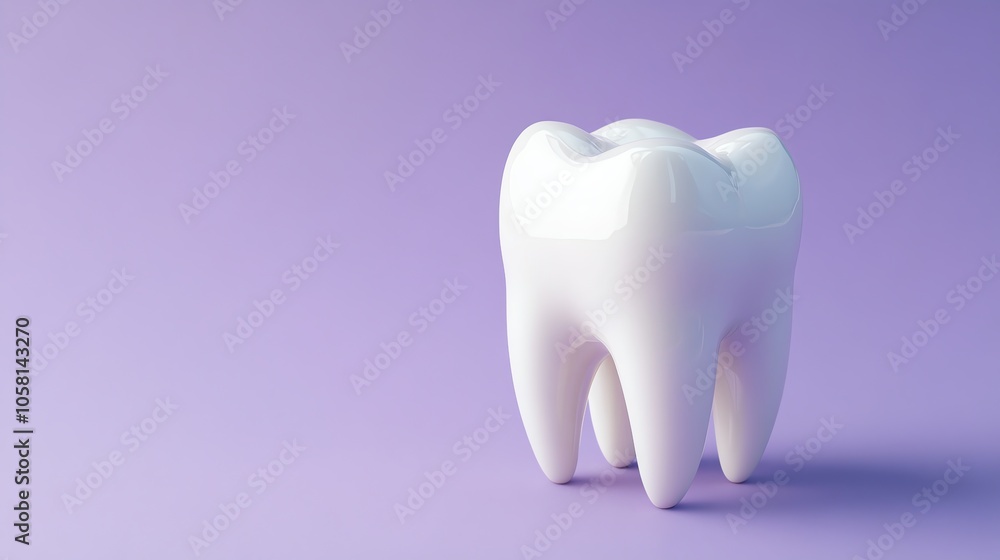 A single, white tooth on a purple background. A single, white tooth on a purple background.