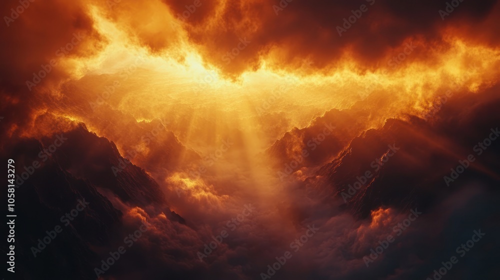 Dramatic sunset with fiery clouds and rays of light breaking through. Dramatic sunset with fiery clouds and rays of light breaking through.