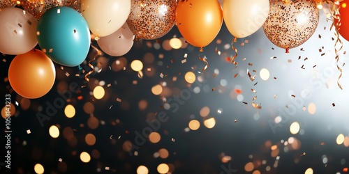 Vibrant balloons and sparkling confetti create a festive atmosphere against a bokeh-lit background, capturing the joyous essence of a celebration or party.