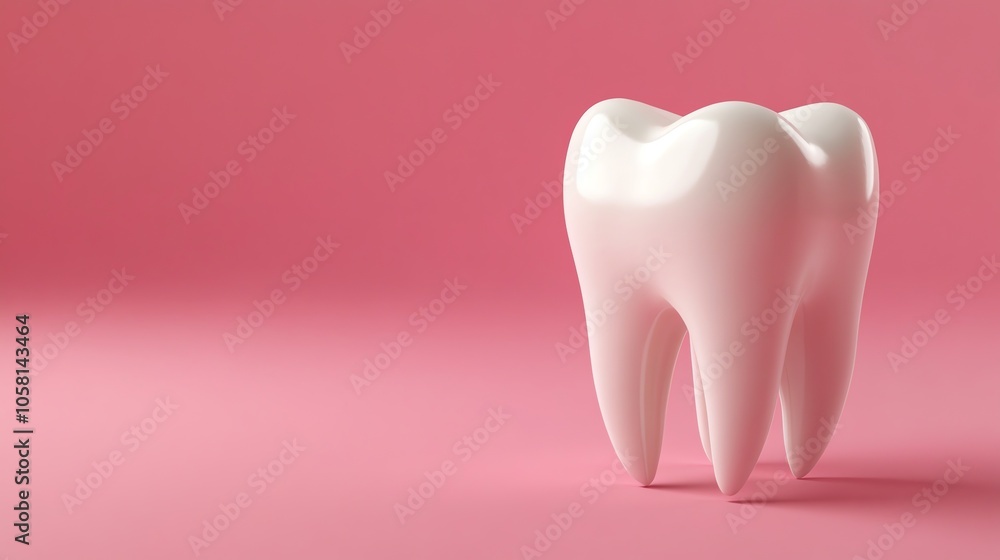 A single, white tooth on a pink background. A single, white tooth on a pink background.