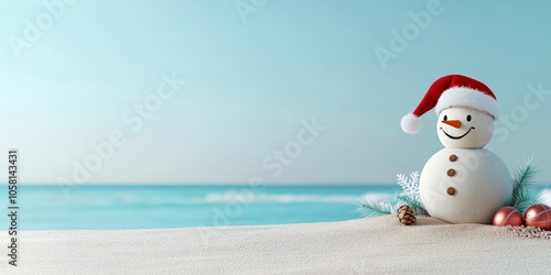 A unique snowman with a Santa hat, adorned with festive decorations, standing on a sandy beach, symbolizing a whimsical blend of winter and tropical elements. photo