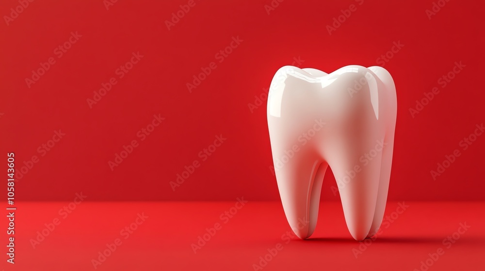 A single, white tooth on a red background. A single, white tooth on a red background.