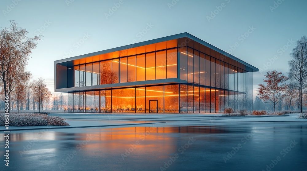 Modern Glass Building in a Winter Landscape Modern Glass Building in a Winter Landscape