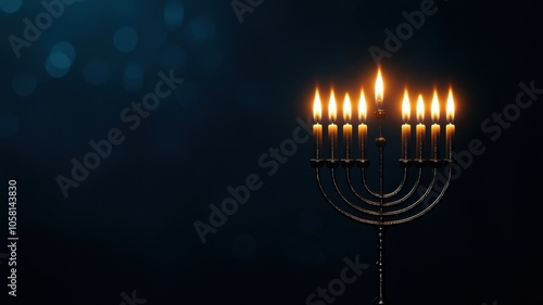 A glowing menorah with multiple candles lit against a dark background, symbolizing celebration and light.