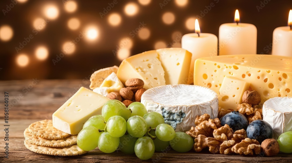Cheese platter with grapes, nuts, crackers, and candles on rustic wooden table. Cheese platter with grapes, nuts, crackers, and candles on rustic wooden table.