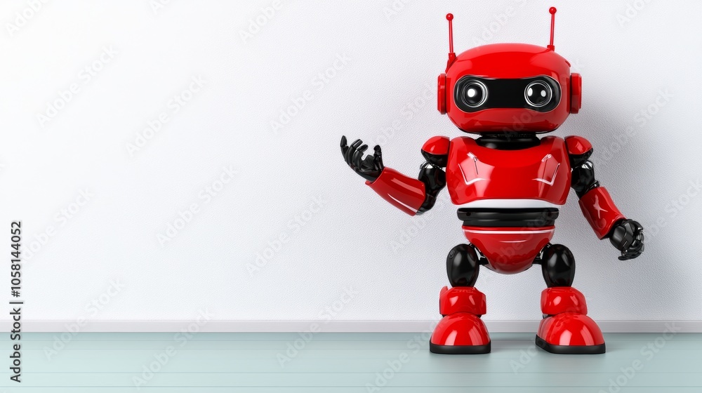 Red Robot Posing in a White Room AI Futuristic Technology Modern Innovation Red Robot Posing in a White Room AI Futuristic Technology Modern Innovation