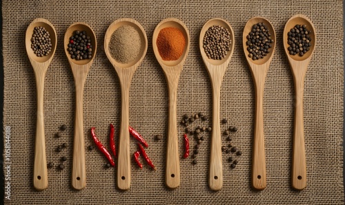 Wooden Spoons Filled with Spices on Burlap Background