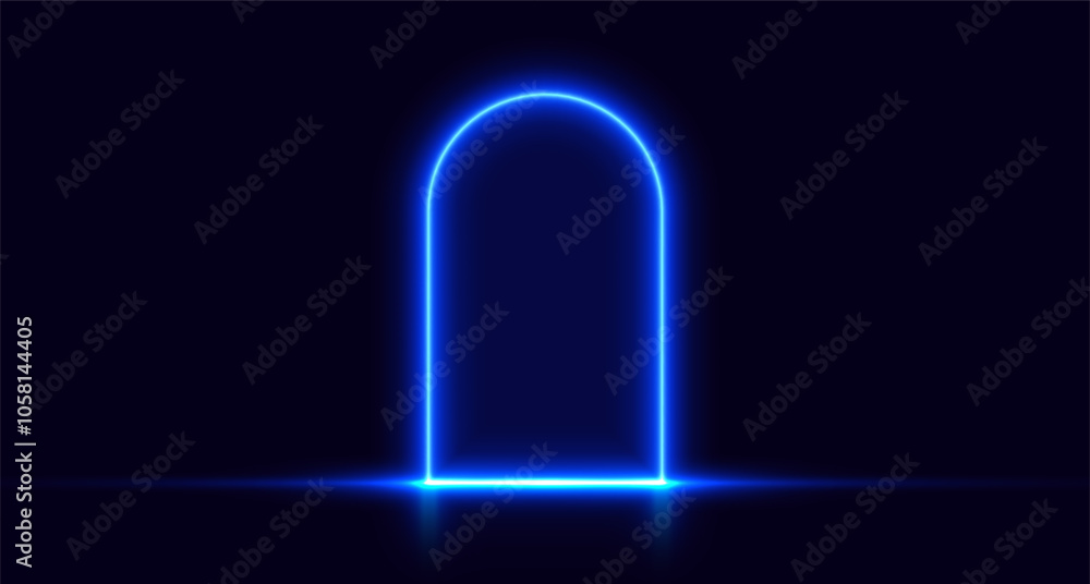 Neon door, blue glowing portal, futuristic arch, magic gate background. Vector illustration. Neon door, blue glowing portal, futuristic arch, magic gate background. Vector illustration.