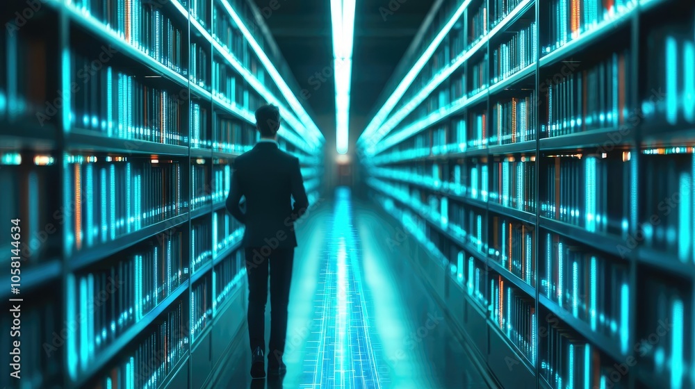 Businessman walking through a futuristic library with glowing shelves. Businessman walking through a futuristic library with glowing shelves.