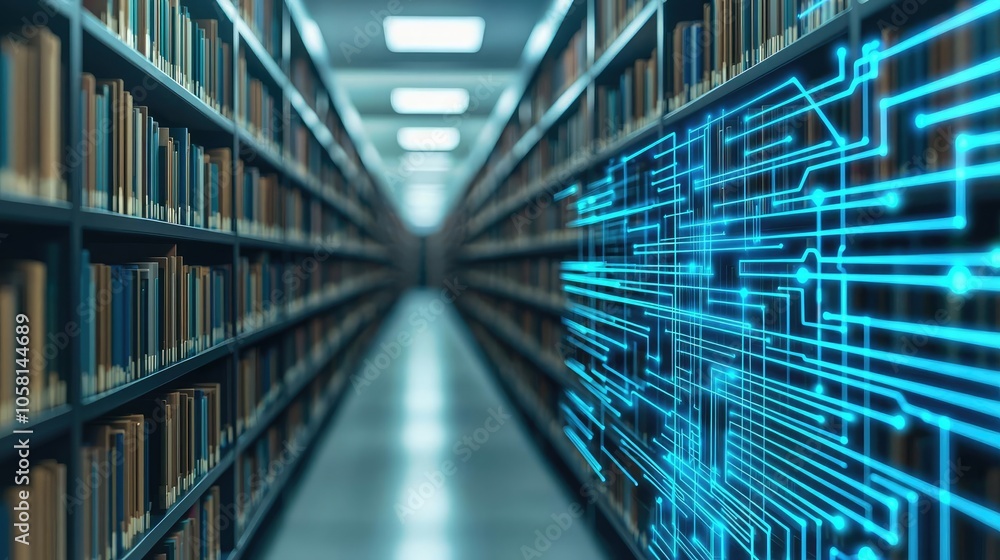 Digital transformation in libraries with glowing technology and shelves of books. Digital transformation in libraries with glowing technology and shelves of books.
