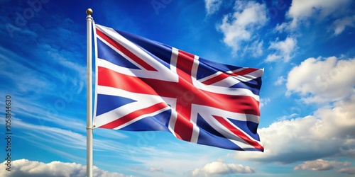 Flag of United Kingdom waving in the wind, sky and sun background, United Kingdom, flag, waving, wind, sky, sun, background