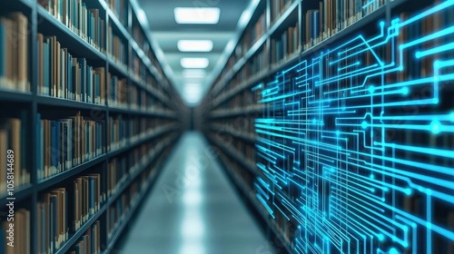 Digital transformation in libraries with glowing technology and shelves of books.