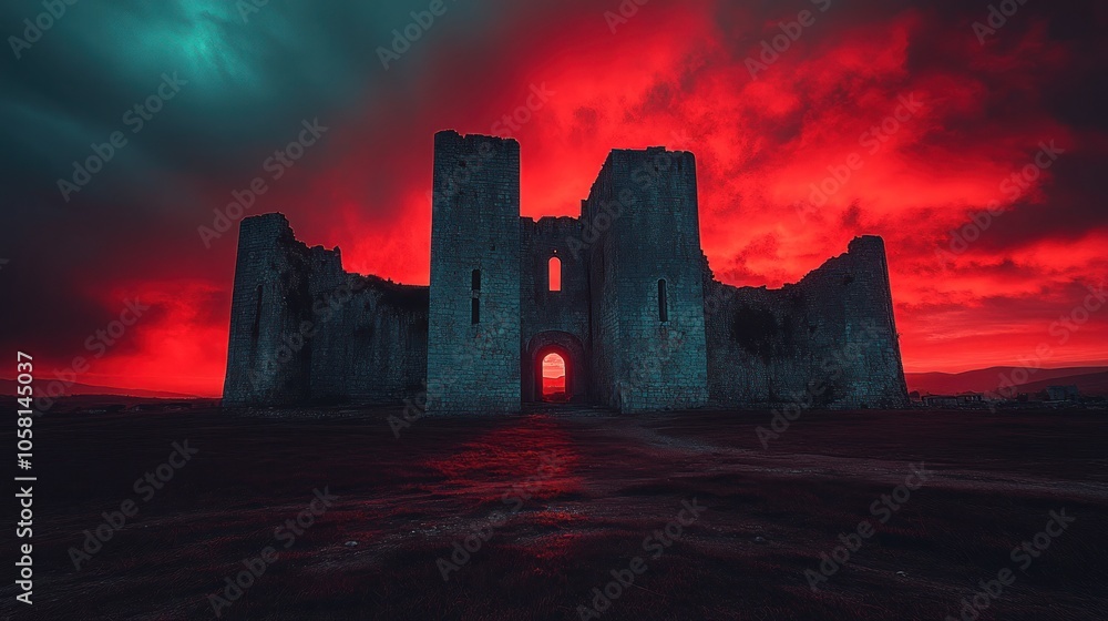 Fototapeta premium A crumbling castle silhouetted against a dramatic red and green sky at sunset.