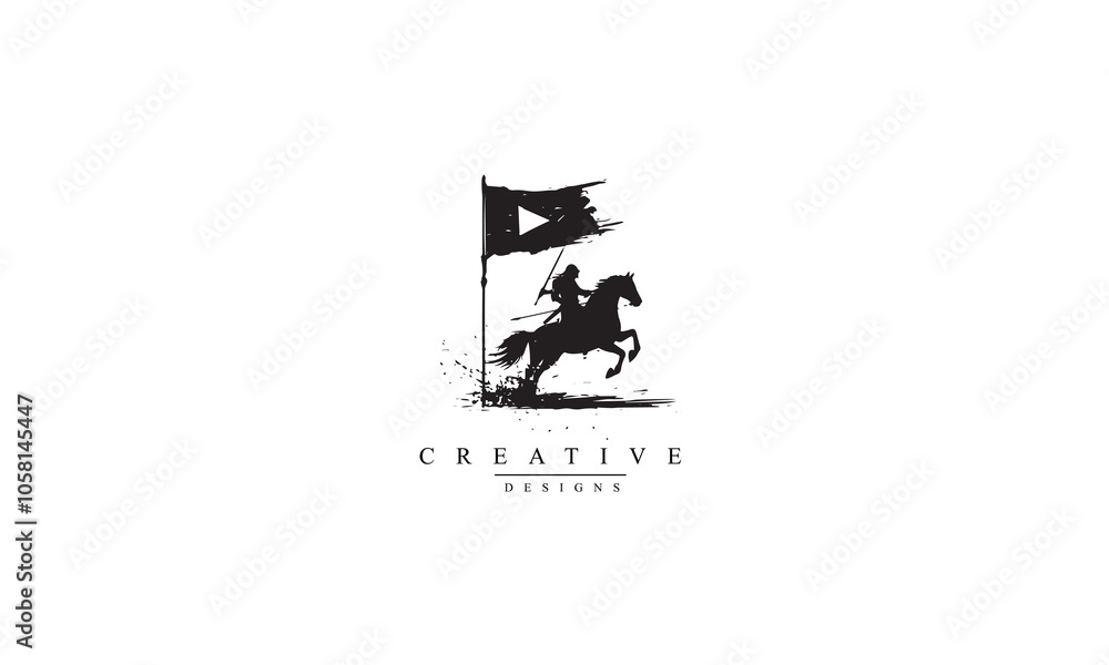 Film Reel with Horse Knight Silhouette, Medieval Warrior Horseback bring War Banner Flag Film Reel with Horse Knight Silhouette, Medieval Warrior Horseback bring War Banner Flag