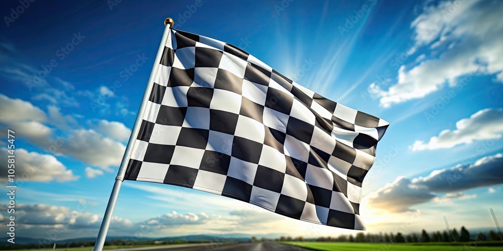 Fototapeta premium Checkered flag waving in the air at the end of a formula one race, checkered flag, end race, finish line, victory