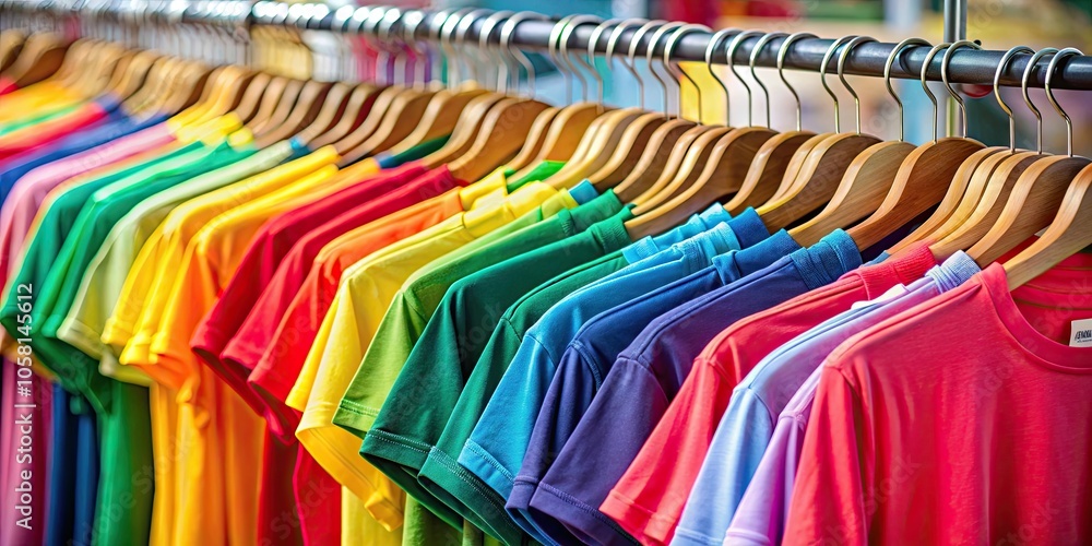 Colorful and vibrant t-shirts displayed on hangers, creating a visually appealing apparel background, apparel, colorful Colorful and vibrant t-shirts displayed on hangers, creating a visually appealing apparel background, apparel, colorful