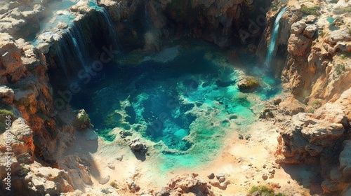 A crystal clear pool of water surrounded by craggy cliffs and two waterfalls.